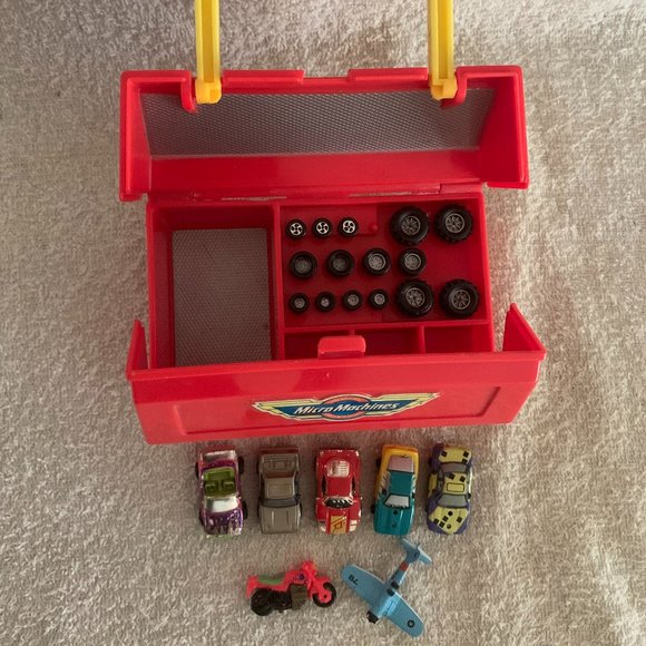 Vintage Micro Machines Toolbox with Mini Cars Motorcycle Airplane and Wheels